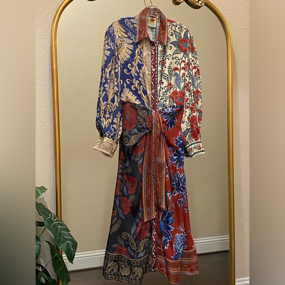 Farm Rio Miranda Mix Chemise Button Front Midi Dress Size S - Picture 2 of 14